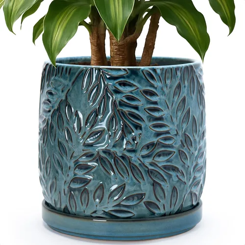 Vista 32 de D'vine Dev Maceta de gres con hojas en relieve de 4 pulgadas con orificio de drenaje y platillo, azul grafito, 27-A-Z-9 Nature-Inspired Leaf