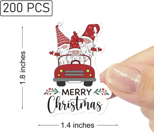 Vista 2 de Wailozco 200 calcomanías de gnomo de Feliz Navidad para sobres de pequeñas empresas, paquetes, productos hechos a mano, bolsas, bonitos sellos