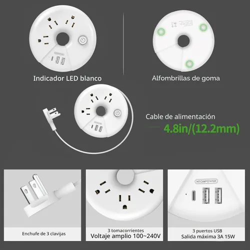 Vista 9 de Regleta de alimentación de viaje, NTONPOWER 3 tomas de corriente 3 USB (1 USB C) Regleta de alimentación aprobada para cruceros, cable de extensión