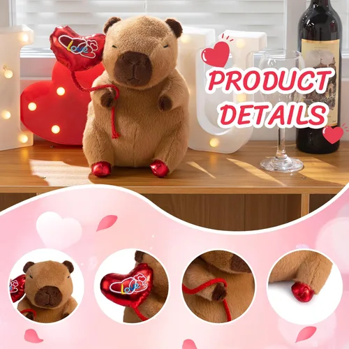 Vista 6 de HollyHOME Capybara - Peluche de San Valentín Capybara con globo rojo de amor para niños y novia, aniversario, San Valentín, cumpleaños, regalos
