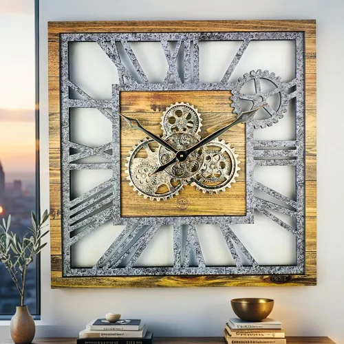 Vista 8 de ImprovingLife The Gears Clock Reloj de Pared Cuadrado de 24 Pulgadas con Engranajes Reales en Movimiento, Estilo Vintage Industrial de Gran