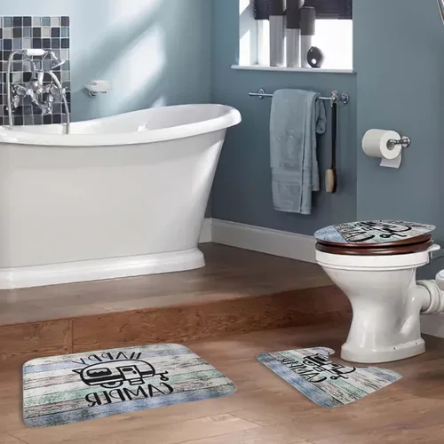 Vista 2 de Syhonic Juego de alfombras de baño de 3 piezas, alfombra de baño Happy Camping, tapete de contorno y funda para asiento de inodoro, tapetes de baño