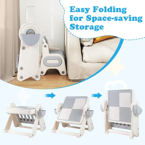 Vista 24 de Costzon Juego de mesa y silla 6 en 1 para niños, caballete de arte plegable con marcadores, borrador, 102 ladrillos compatibles, mesa de bloques