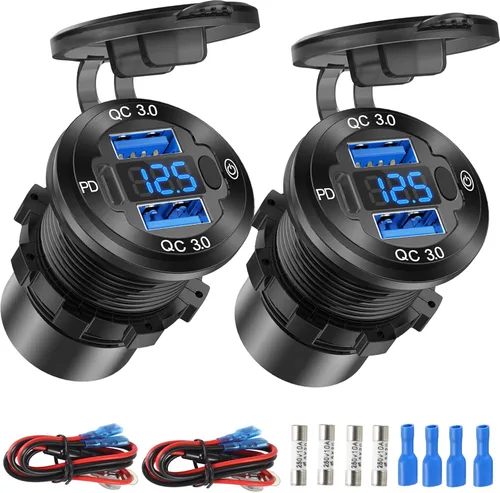 Vista 8 de Cargador de coche de aluminio de 12 V con salida USB de 12 V, puerto dual USB de carga rápida 3.0 y enchufe PD USB C con interruptor voltímetro
