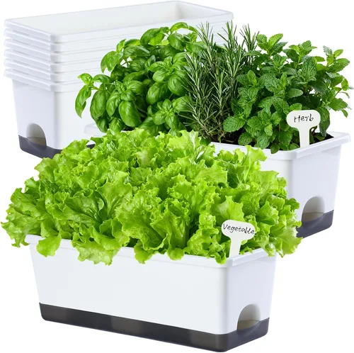 Vista 11 de Oliz Macetero rectangular para ventana, 8 unidades, 17 pulgadas con agujeros de drenaje y bandejas, macetas para alféizar de ventana, patio, jardín