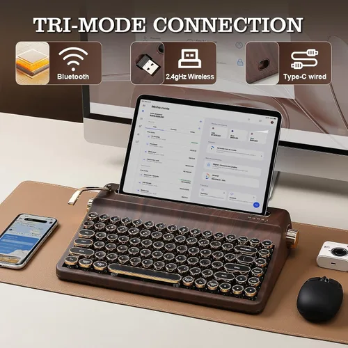 Vista 3 de YUNZII QL75 Wireless Typewriter Hot Swap Retro Mechanical Keyboard,Punk Round Keycaps,RGB Backlit QMK/VIA Programmable, Multi-Device Keyboard with