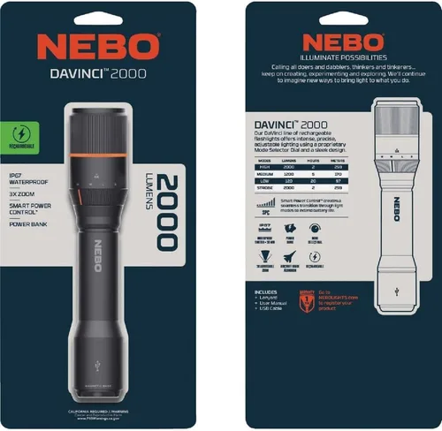 Vista 6 de NEBO Davinci 2000 linterna y cargador portátil 2000 lúmenes, 4 modos de luz, banco de energía recargable por USB, impermeable, luz de camping LED