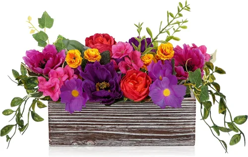 Vista 7 de DILATATA Arreglo floral con jarrón de madera, flores artificiales de 10 pulgadas en maceta, flores falsas en jarrón rectangular de madera blanco