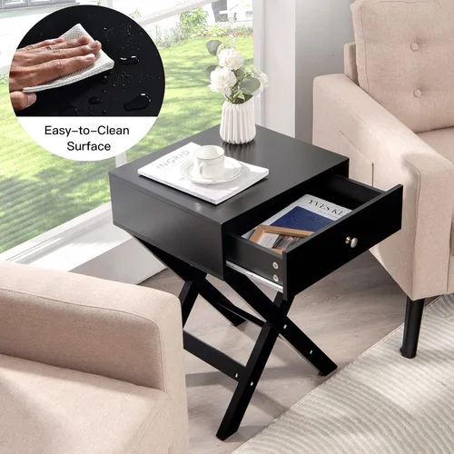 Vista 4 de Giantex Mesita de noche con cajón, mesa auxiliar en forma de X, mesa auxiliar moderna para sofá, mesa de noche multifuncional para el hogar, sala