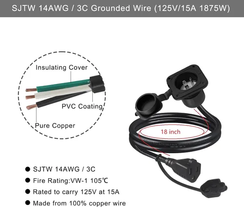 Vista 5 de Enchufe de puerto de CA de 15 A, enchufe de entrada de alimentación de 125 V con cable de extensión de 18 pulgadas, enchufe NEMA 5-15 con brida