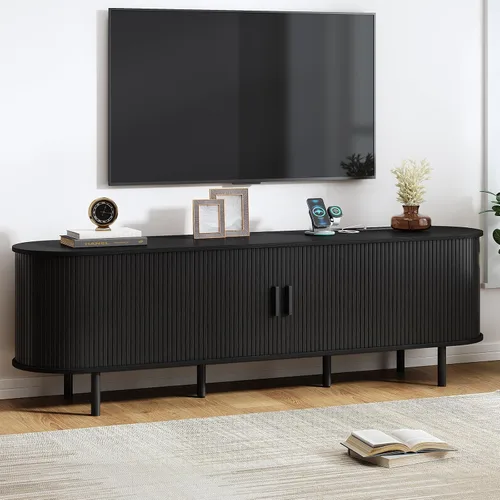 Vista 9 de Soporte de TV de 55 pulgadas con toma de corriente, consola multimedia moderna con puertas correderas, centro de entretenimiento para televisores