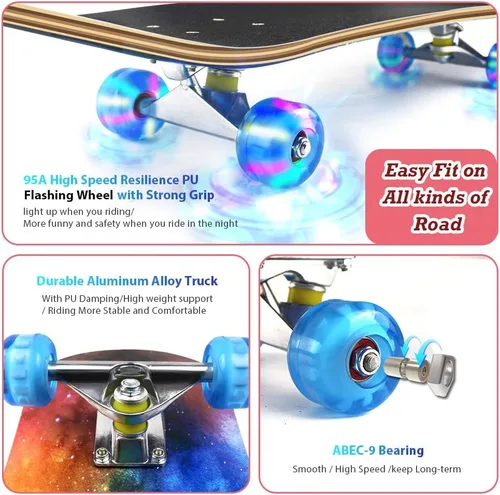 Vista 3 de PHOEROS Complete Skateboards- Standard Skateboards for Beginners Kids Boys noche skaype