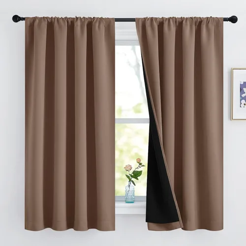 Vista 127 de NICETOWN Biscotti Beige 100% Cortinas opacas de 45" de largo para cocina, bolsillo con varilla para sótano completamente opaco, cortinas térmicas