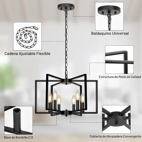 Vista 5 de Candelabro negro de granja, lámpara geométrica de 6 luces para comedor, moderna lámpara de techo industrial de metal, luces colgantes rústicas