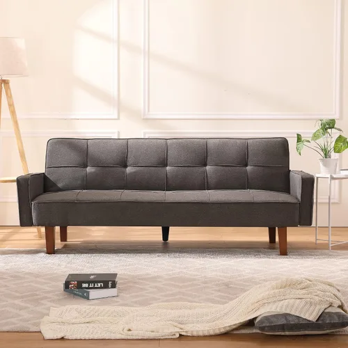 Vista 10 de Sofá cama moderno y simple, respaldo ajustable, sofá funcional con diseño de cuadrícula clásica, sofá de tres asientos, marco de madera, adecuado