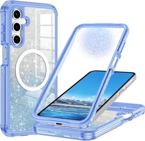 Vista 22 de Funda para Galaxy A16 5G, compatible con MagSafe, funda magnética con purpurina integrada con protector de pantalla de vidrio templado 9H, funda