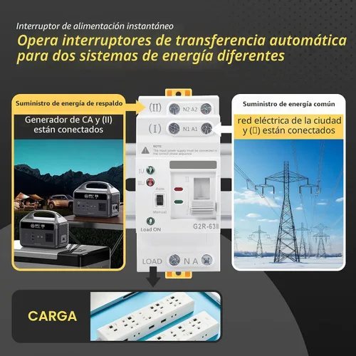 Vista 2 de Mini ATS AC Interruptor de transferencia automática/manual 2P 63A 110V, ATS de transferencia manual para fuente de alimentación ininterrumpida