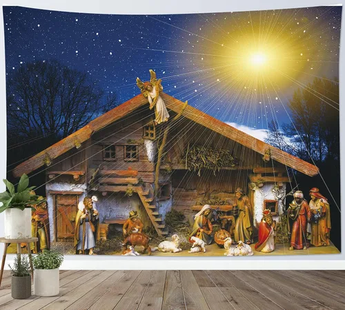 Vista 7 de HVEST Tapiz de cielo estrellado de Jesús, tapiz de belén, Jesucristo, nacido en el pesebre, para colgar en la pared, creyentes cristianos, hombres