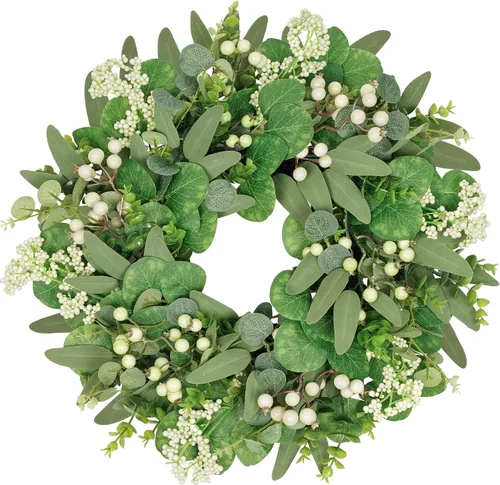 Vista 8 de Vlorart Coronas Artificiales de Primavera y Verano de Navidad de Vegetación Verde para Puerta Delantera Corona de Hojas de Eucalipto Verde