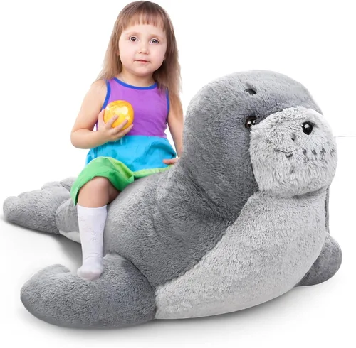 Vista 8 de Poen Peluche de foca gigante de 39 pulgadas, grande, grande, suave, tierno, color gris, adorable almohada grande, regalo para niños, compañero