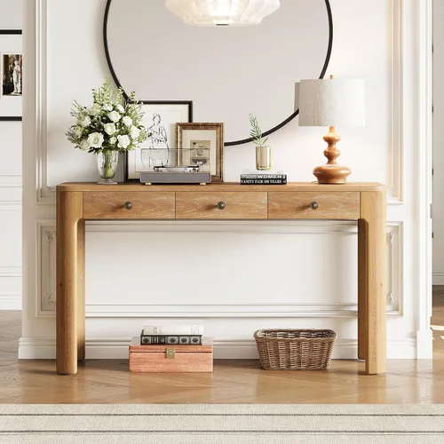 Vista 14 de 50" Modern Art Sculptural Console Table, Oval Cutout Legs, Wood Veneer, Thick Rounded Tabletop, Contemporary Entryway Sofa Table for Living Room