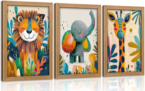Vista 10 de 3 piezas de lienzo de animales de safari para guardería, arte de pared, lindo elefante acuarela, jirafa, león, decoración de pared, coloridos Póster