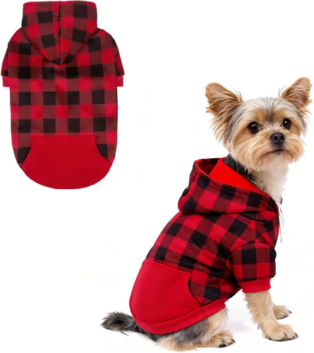 Vista 34 de KOOLTAIL Sudadera a cuadros con capucha, con gorro y bolsillo, para perros pequeños, medianos y grandes y gatos, abrigo suave y cálido para invierno