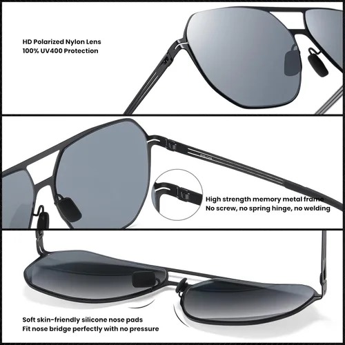 Vista 5 de Lentes de sol modernos de aviador para hombres y mujeres, lentes polarizados ultraligeros con marco de metal, lente de espejo plateado, protección