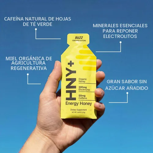 Vista 2 de HNY+ Buzz - Gel energético de miel orgánica con electrolitos, 50 mg