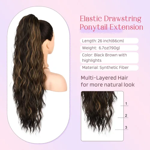 Vista 2 de HOOJIH Extensión de cola de caballo, extensiones de cabello con cordón para cola de caballo de 26 pulgadas de largo, pelo rizado y ondulado natural