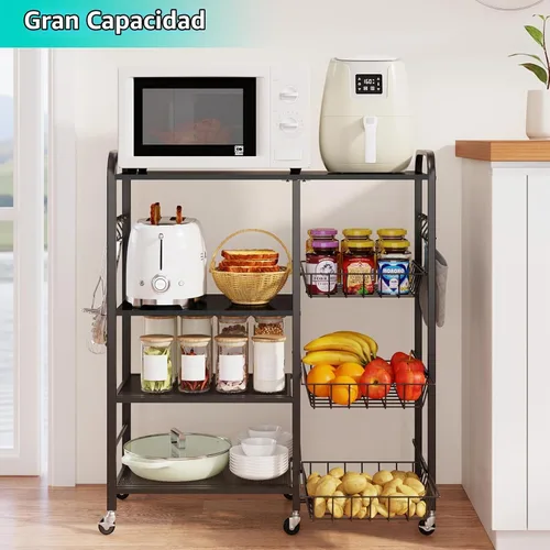Vista 2 de HapiRm - Carrito rodante de cocina con microondas de 4 niveles - Soporte de mesa para microondas con cestas extraíbles, estante de almacenamiento