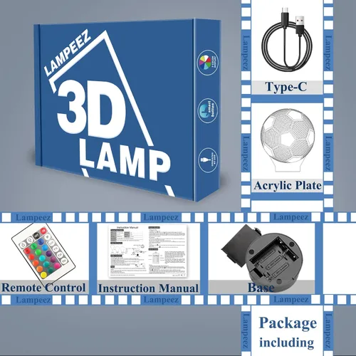 Vista 7 de Lampeez Luces nocturnas de fútbol para niños, luces de fútbol con ilusión 3D, 16 LED, control remoto, cambio de color, lámparas de escritorio