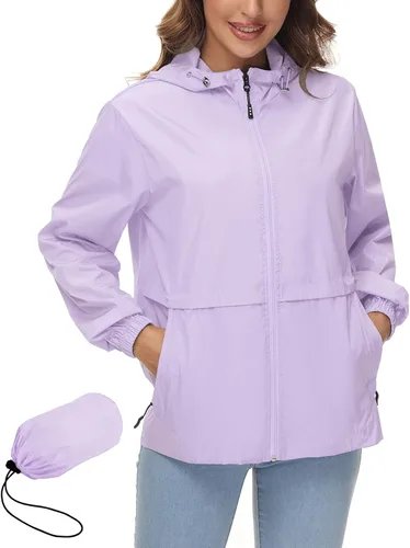 Vista 7 de Avoogue Chaqueta impermeable para mujer, ligera, plegable, con capucha, rompevientos para exteriores