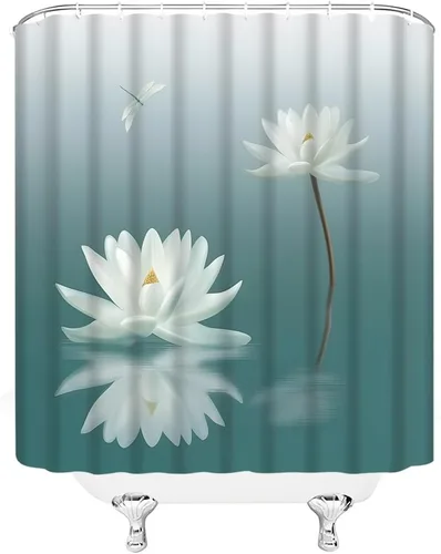 Vista 3 de Cortina de ducha de loto blanco, libélula verde azulado, azul, lirio de agua, floral, estilo japonés, relajante, naturaleza, decoración de baño