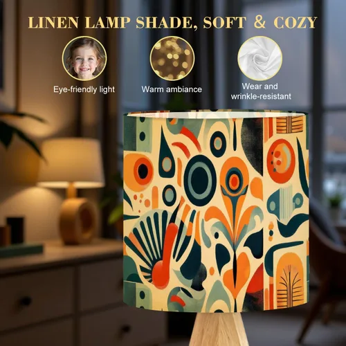 Vista 5 de Tripod Table Lamp Boho Vintage Flower Shape Stripe Circles Curved Lines Bedside Lamps Small Lamp Nightstand Lamp with Linen Lampshade Table Lamps