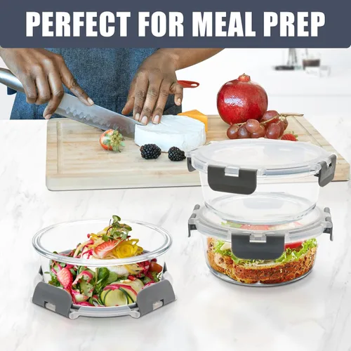Vista 8 de Paquete de 6 recipientes de vidrio para almacenamiento de alimentos con tapas, ideales para preparación de comidas, sobras, aptos para congelador a