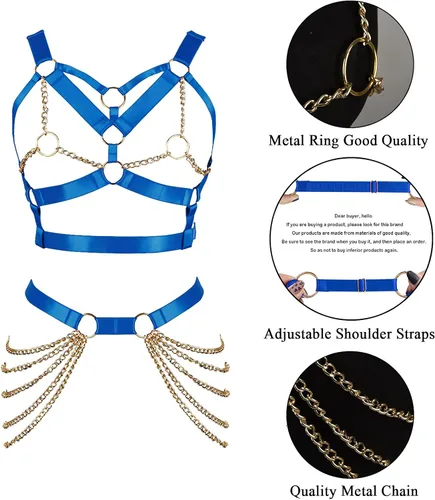 Vista 3 de Sujetador de arnés corporal para mujer, cinturón de liga punk, elástico ajustable, brasier de cadena de metal, baile, carnaval, accesorios