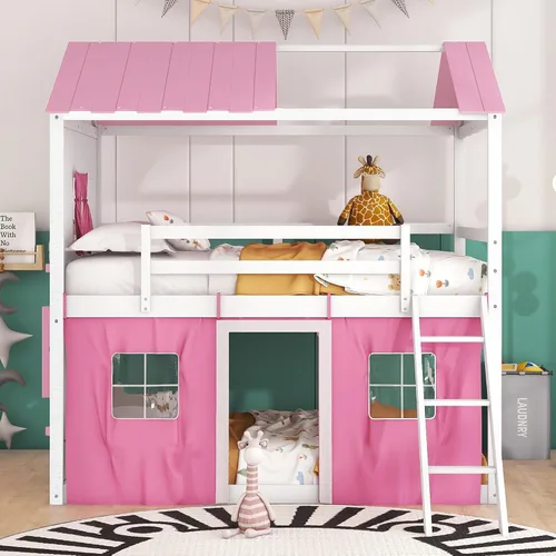 Vista 33 de Cama de Casa Tamaño Twin con Elegantes Ventanas y Estantería, Marco de Litera con Diseño de Castillo de Madera con Barandillas de Seguridad