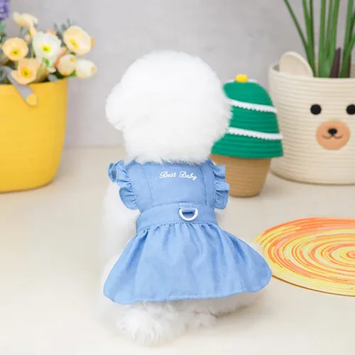 Vista 3 de Vestido para perro, falda de lujo, ropa de princesa, vestidos de boda, noche, falda tutú, falda de mezclilla para perro pequeño, niña, azul claro, XS