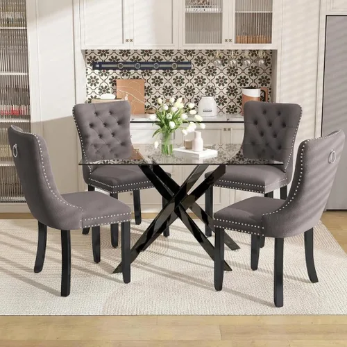 Vista 27 de Juego de mesa de comedor de 51 pulgadas de vidrio para 4, mesa de cocina rectangular de vidrio con 4 sillas tapizadas con acentos de terciopelo