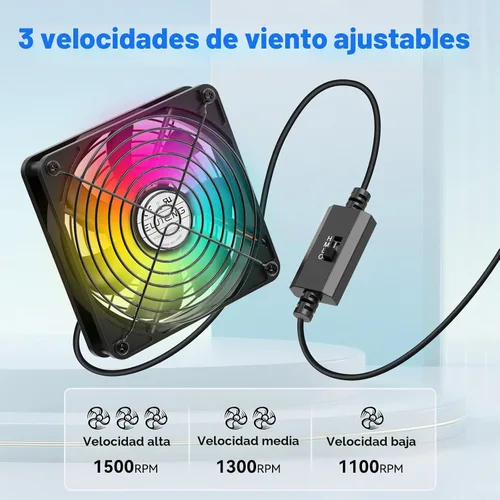 Vista 4 de ELUTENG Ventilador de refrigeración USB para computadora con iluminación RGB de 7 colores, controlador de 3 velocidades 1100/1300/1500 RPM