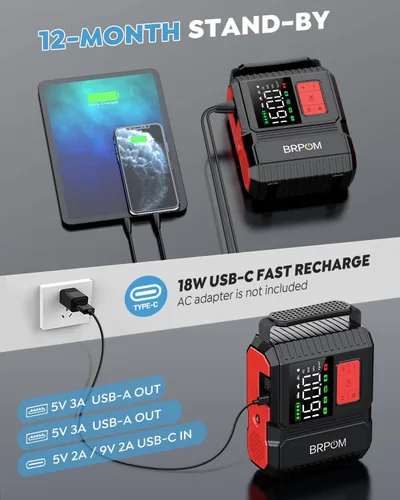 Vista 4 de Arrancador de batería para automóvil con compresor de aire, 160 PSI 8000 A pico 26800 mAh
