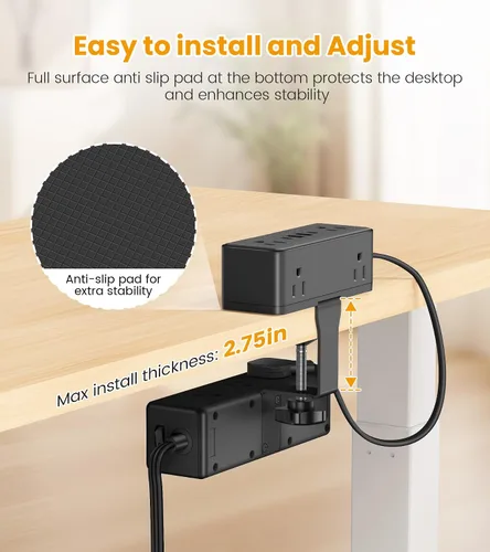 Vista 6 de Regleta de alimentación con abrazadera de escritorio de doble capa, protector de sobretensiones de montaje en borde de escritorio con 4 puertos USB
