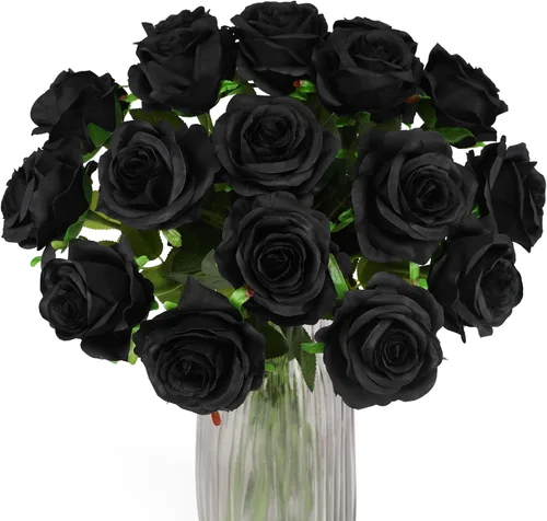 Vista 6 de Rosas artificiales negras – 10 piezas de rosas artificiales falsas de seda con tallos para decoración del hogar, boda, hotel, oficina, centro de mesa