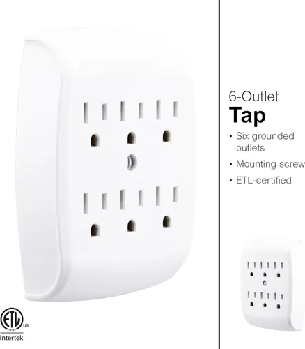 Vista 3 de GE 6-Outlet Extender Wall Tap, Grounded Adapter, Outlet Splitter, Charging Station, 3-Prong, Plug Adapter, Secure Install, Cruise Essentials, ETL