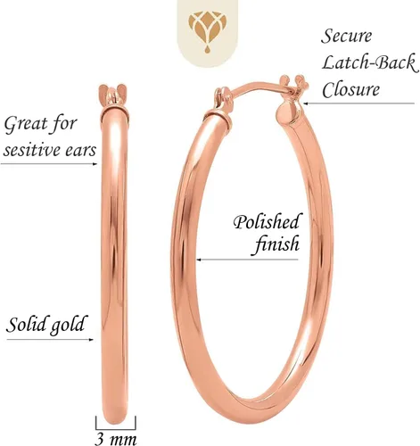 Vista 2 de Aretes de aro de tubo redondo pulido clásico de 14 quilates con cierre de poste a presión para mujeres en muchos tamaños y medidores, Oro rosa Oro