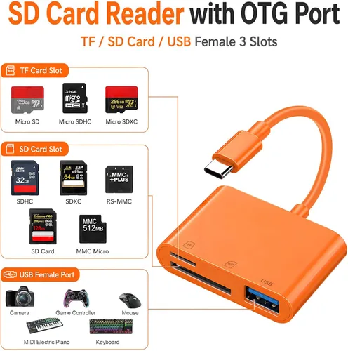 Vista 2 de Lector de tarjetas SD USB C para iPhone, adaptador de cámara digital tipo C