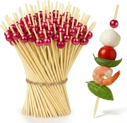 Vista 8 de Palillos de dientes para aperitivos, 100 palillos de cóctel decorativos, brochetas de bambú de 4.7 pulgadas de largo, palillos de madera elegantes