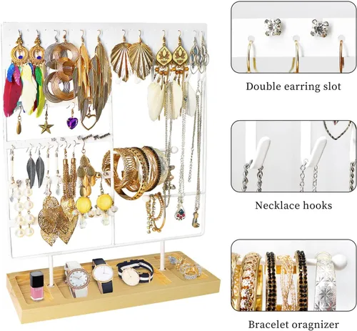 Vista 2 de VIEFIN Soporte organizador de joyas colgante, soporte para aretes, soporte de joyería de 5 niveles con 120 agujeros para aretes, collares, pulseras