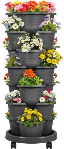 Vista 10 de VECELO Macetero vertical de 5 niveles, apilables, con ruedas para fresas, hierbas, flores, verduras, color negro